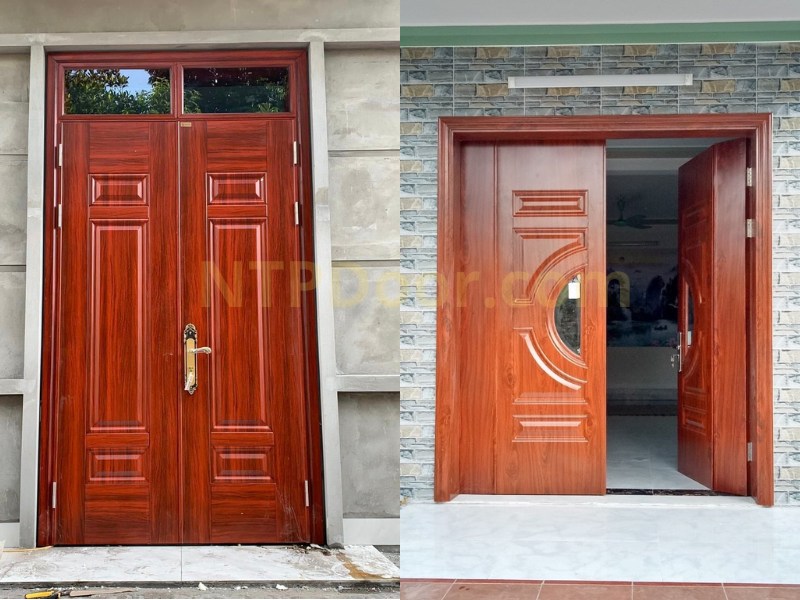 Cửa thép vân gỗ 2 cánh NS3H10 lệch 9 Một số mẫu cửa thép vân gỗ 2 cánh mà NTP cung cấp