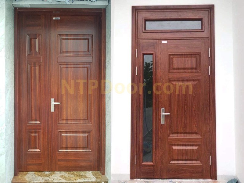 Cửa thép vân gỗ 2 cánh NS3H10 lệch 8 Mẫu cửa thép vân gỗ 2 cánh NTPDoor