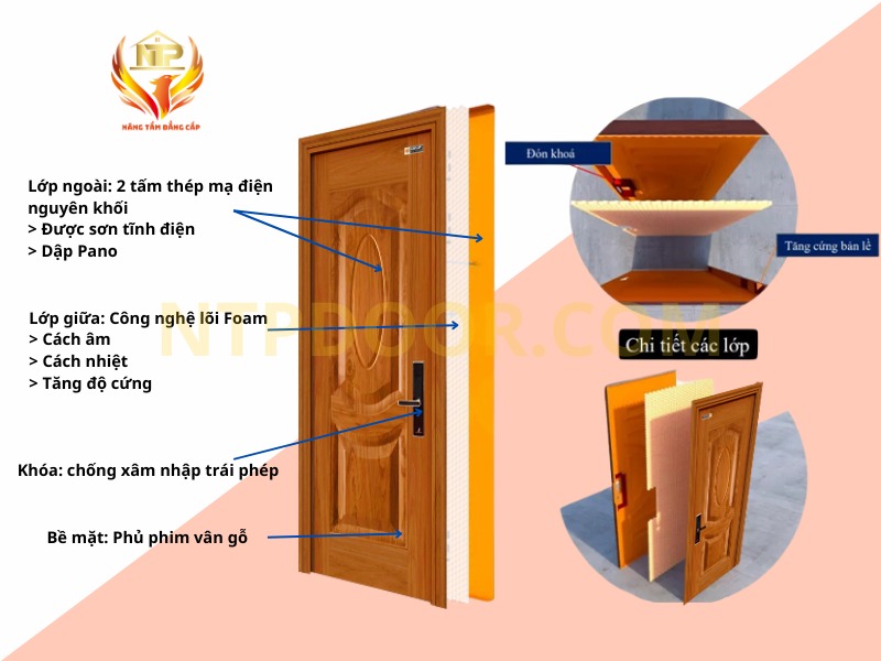 Báo giá cửa thép vân gỗ tại Bắc Ninh - 10+ mẫu mới nhất 2 Cấu tạo cửa thép vân gỗ NTP với 3 lớp chắc chắn