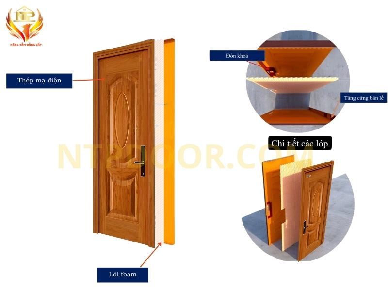 Cấu tạo 3 lớp của cửa thép vân gỗ NTP