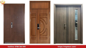 Mẫu cửa thép vân gỗ 2 cánh lệch